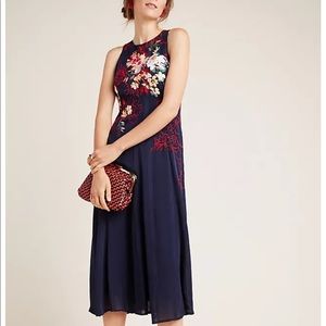 Anthropologie Tanzine Embroidered navy blue midi dress